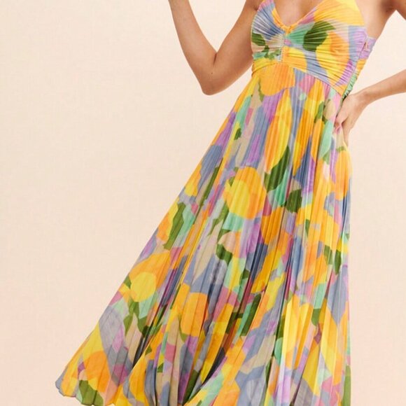 Yellow Boho Women's Floral Print Pleated Spaghetti Strap Sexy V-Neck Sundress - Picture 6 of 8